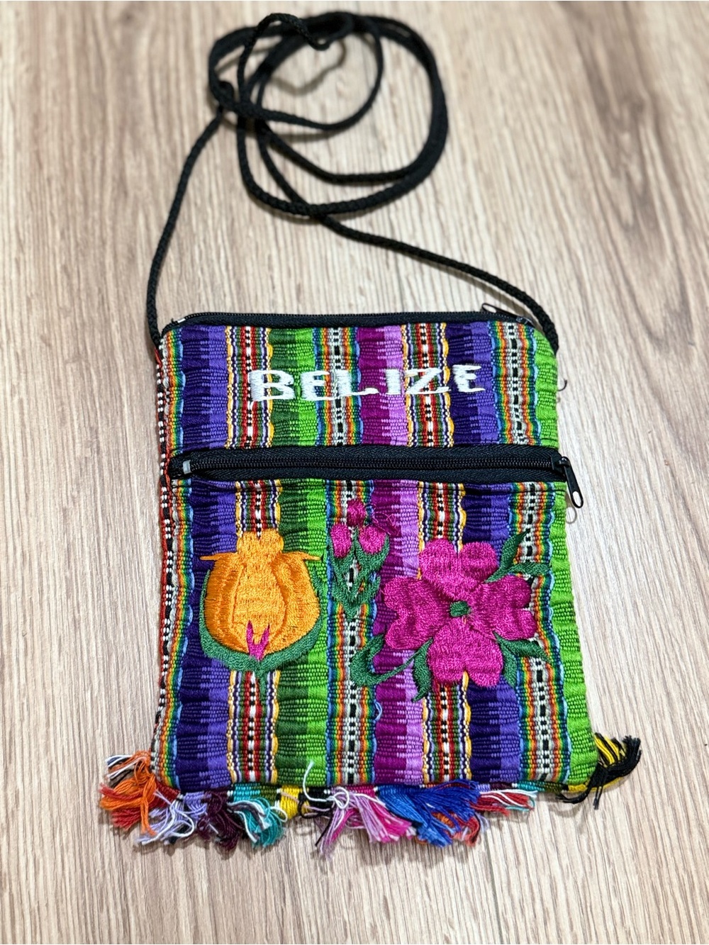 Belize Embroidered Woven Crossbody Bag Colorful Floral Fringe Passport Purse